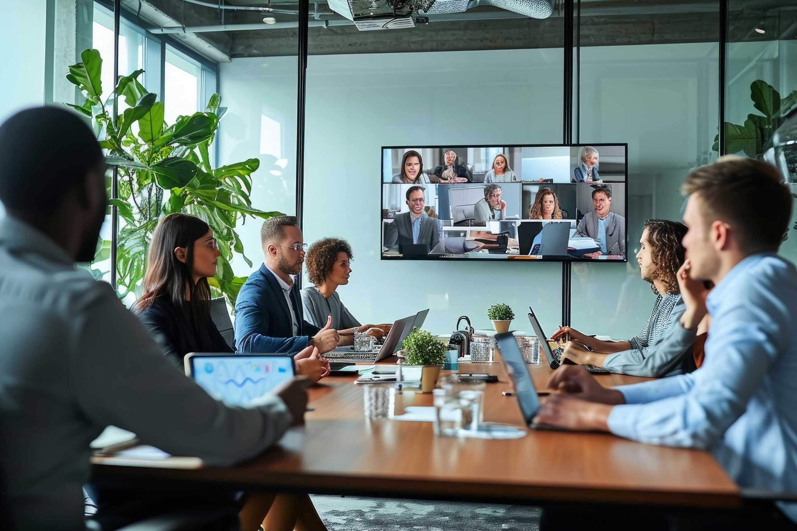 American SurgiSite executives and financial advisors in a hybrid boardroom meeting with in-person and remote shareholders, reviewing performance data and financial planning strategies.
