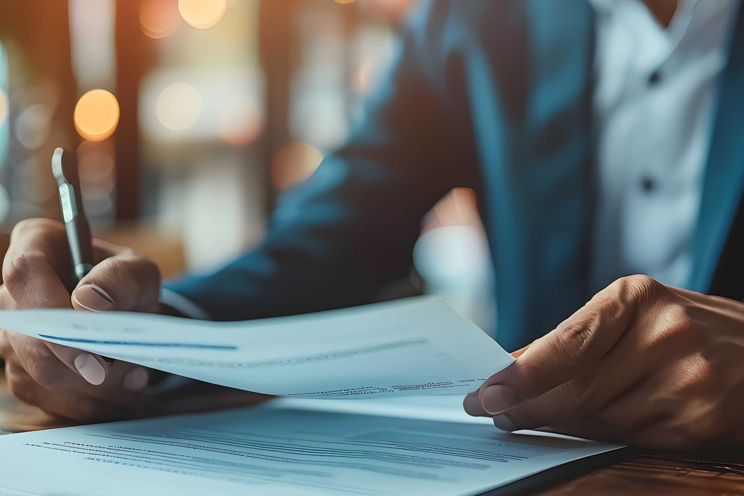 Close-up of business professional reviewing and signing documents, representing American SurgiSite’s role in contracts and compliance for surgery centers.